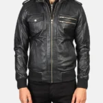 Mens-Stylish-Black-Hooded-Bomber-Leather-Jacket