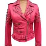 Womens-Pink-Biker-Golden-Studded-Leather-Jacket.
