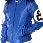 8 Ball Blue Hooded Bomber Leather Jacket
