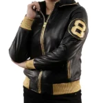 8 Ball David Puddy Inspired Black and Golden Bomber Leather Jacket