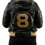 8 Ball David Puddy Inspired Black and Golden Bomber Leather Jacket Back