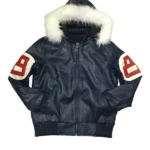 8 Ball Navy Leather Hooded Jacket