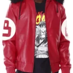 8 Ball Red Hooded Leather Bomber Jacket