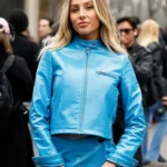 Alix Earle Paris Fashion Week Blue Faux Leather Jacket