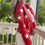 Battle Camp S01 Polly Brindle Red Star Print Leather Jacket