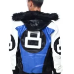 Mens 8 Ball Blue Hooded Leather Jacket Back