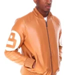 Mens 8 Ball Light-Brown Bomber Leather Jacket