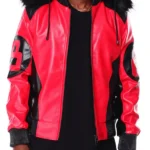 Mens 8 Ball Red Hooded Leather Jacket