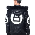 Mens Black 8 Ball Real Leather Hooded Jacket Back