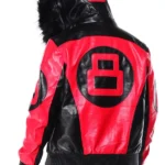 Mens Black Red 8 Ball Hooded Leather Jacket Back
