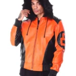 Mens Orange 8 Ball Hooded Leather Bomber Jacket