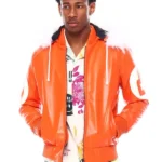 Mens Orange 8 Ball Hooded Leather Jacket