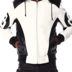 Men’s White and Black 8 Ball Leather Hooded Bomber Jacket