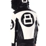 Men’s White and Black 8 Ball Leather Hooded Bomber Jacket Back