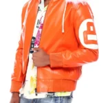 Orange 8 Ball Hooded Leather Jacket