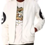 White 8 Ball Hooded Bomber Leather Jacket