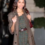 Zoe Saldana Paris Fashion Week Checkered Coat