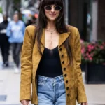 NYC 2025 Dakota Johnson Mustard Suede Leather Jacket