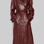 Megan Fox Maroon Belted Trench Leather Coat