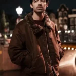 A Very Jonas Christmas Movie Joe Jonas Brown Shearling Jacket front