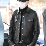 BTS Airport Fashion Suga Black Trucker Black Leather Jacket