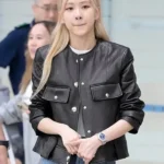 Blackpink Rose Black Collarless Leather Jacket