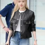 Blackpink Rose Collarless Black Leather Jacket