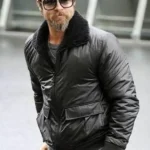 Brad Pitt Black Bomber Leather Jacket