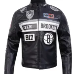 Brooklyn Nets Moto Black Leather Jacket front