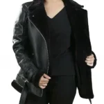 Dakota Johnson Black Leather Shearling Jacket front