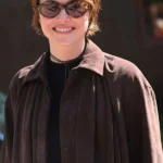 Emma Stone Bugonia Brown Suede Shirt front