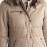 Fairfield Hooded Padded Beige Leather Coat front