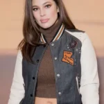 Front Ashley Graham Grey And White Varsity Jacket