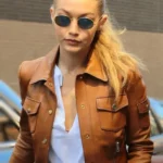 Gigi Hadid Brown Leather Jacket front