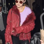 Gigi Hadid Red Leather Jacket front