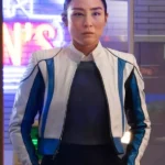 Greta Lee Tron Ares Leather Jacket front