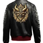 Halloween Gothic Devil Black Bomber Leather Jacket back
