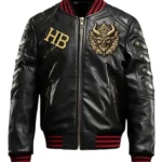 Halloween Gothic Devil Black Bomber Leather Jacket front