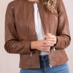 Heron Slim Fit Brown Leather Racer Jacket front