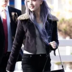 IVE Liz Black Fur Collar Black Suede Jacket