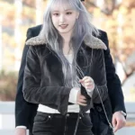 IVE Liz Black Fur Collar Suede Black Leather Jacket