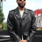 Jayson Tatum New York Fashion Week Black Leather Jacket front