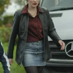 Jodie Whittaker Toxic Town 2025 Black Leather Jacket front