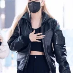 K-pop Fashion Blackpink Rose Bomber Black Leather Jacket