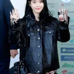 K-pop IU Black Oversized Trucker Leather Jacket