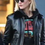 Karlie Kloss Rocks black leather Jacket front