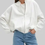 Karlie Kloss White Fleece Bomber Jacket front