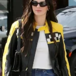 Kendall Jenner Race Flag Cafe Racer Leather Jacket