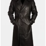 Men’s Belted Black Leather Trench Coat front