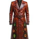 Men’s Gothic Halloween Pumpkin Brown Leather Coat front